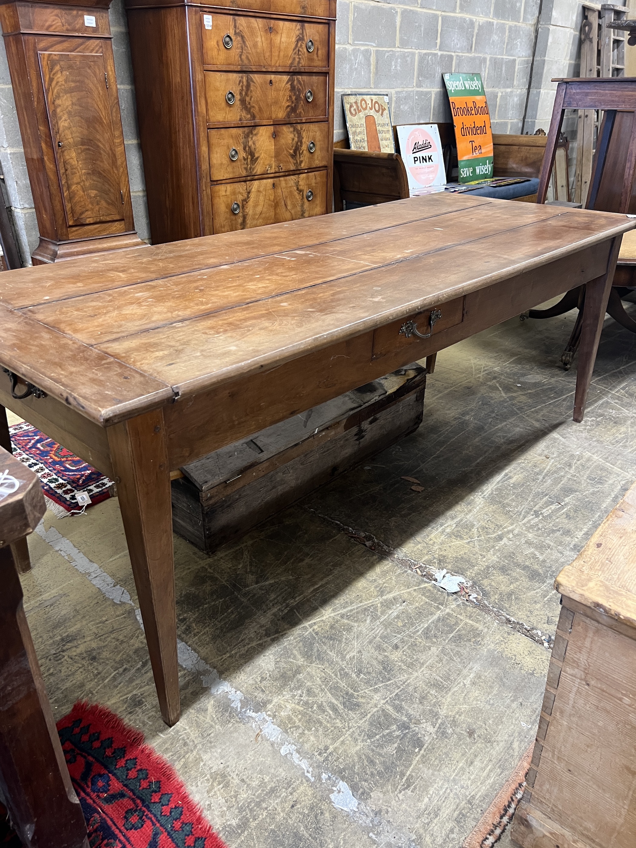 A 19th century French cherry three drawer kitchen table, length 200cm, width 81cm, height 76cm